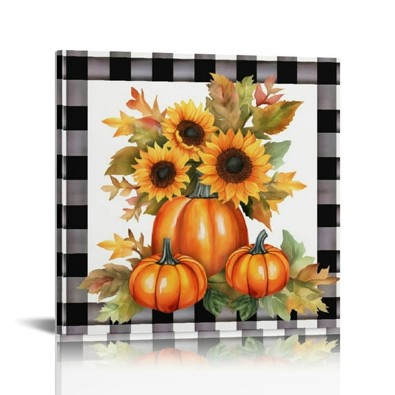 JRXY Hello Fall Canvas Wall Art Prints Painting Autumn Sunflower Pumpkins Buffalo Plaid Thanksgiving Modern Frame Wall Decor 12x12 in