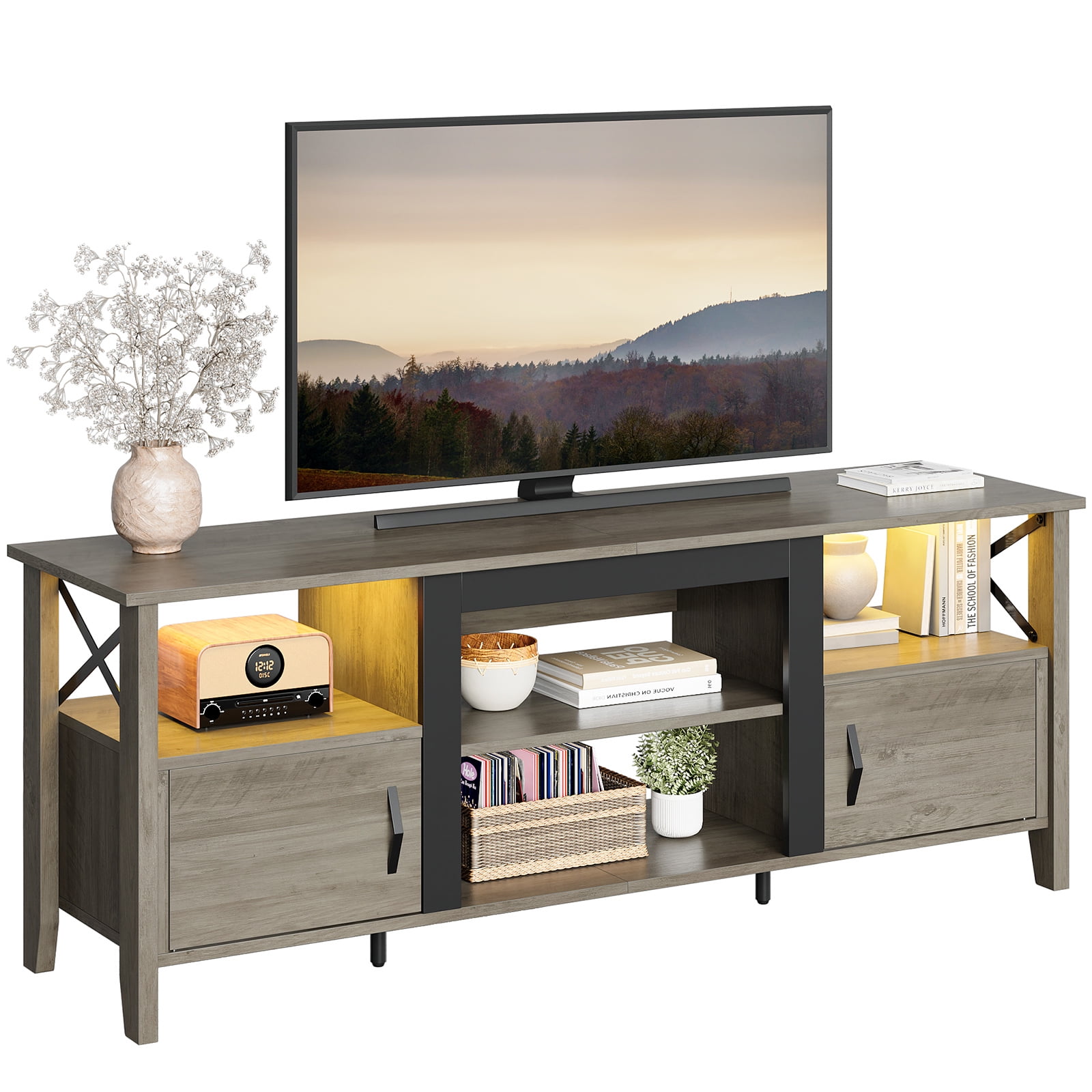 Bestier Farmhouse LED TV Stand for TVs up to 70" Entertainment Center with Storage Shelves in Wash Gray
