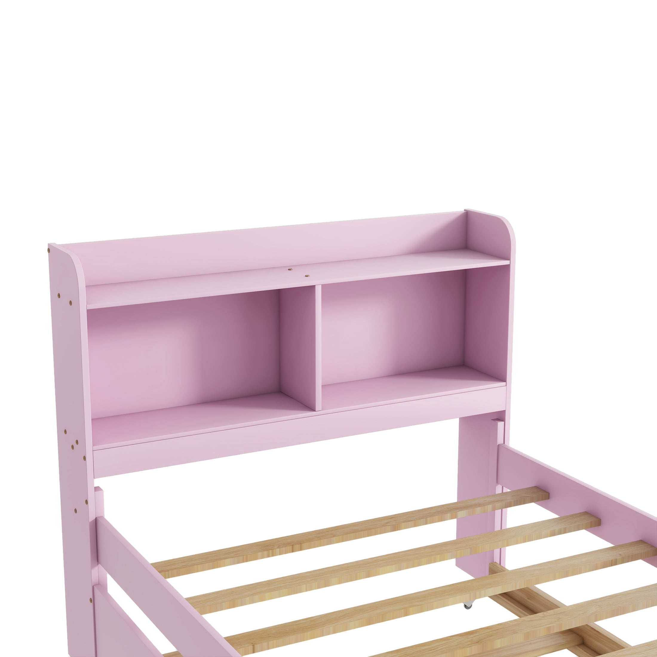 Noble House Katen Twin Bed with Extra Trundle and Bookcase Storage, Pine Wood Platform Bed with Bookshelf, Pink