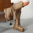 thumbnail image 4 of Chunky Lug Sole Riding Boots for Women Round Toe Tassel Studded Mid Calf Buckle Strappy Zipper Booties, 4 of 7