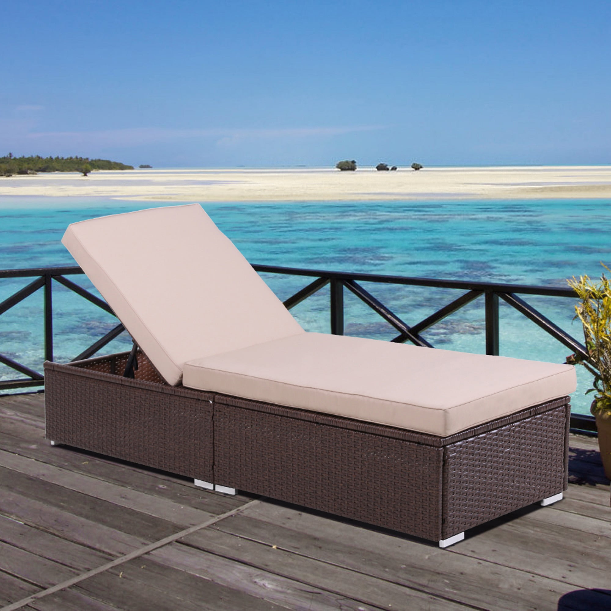 Cozyhom Patio Chaise Lounge Chair,Brown Wicker Reclining Lounge Chair