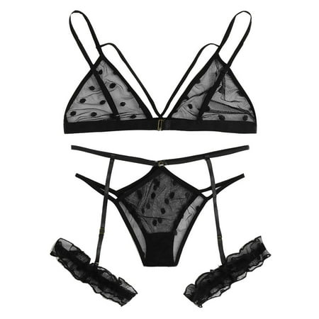 

YDKZYMD Womens Sexy Lingerie Naughty Mesh with Garter Belt Plus Size Polka Dot Bra and Panty Sets 3 Piece Black S-4XL