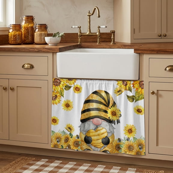 Sunflower Gnomes Small Cabinet Curtains 11"W x 13"L, Summer Botanical Bee Yellow Sink Skirt Dust-Proof Short Curtain for Bathroom Vanity Storage Cubby Desk, Self Adhesive Privacy Drapes