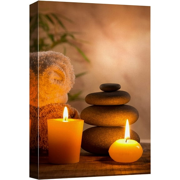 Aaheei Canvas Print Wall Art Massage Stones with Atmospheric Candles Floral Nature Photography Realism Zen Scenic Relax/Calm Multicolor for Living Room, Bedroom, Bathroom, Office