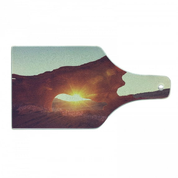 Canyon Cutting Board, Sun Reflections over Cave Shaped Little Cliff Hot Region Artifact Photography, Decorative Tempered Glass Cutting and Serving Board, Wine Bottle Shape, Orange, by Ambesonne