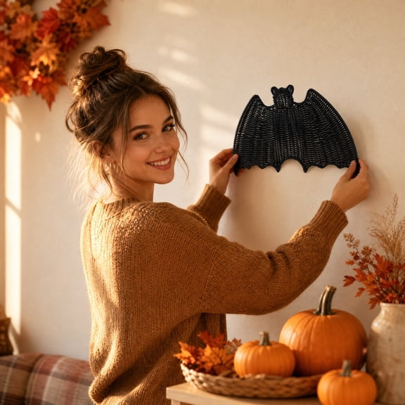 QuanTara Black Wicker Spider Wall Decor - Handwoven Rattan Halloween Ornament, 9.6" x 7.9" Hanging Art for Front Door, Porch, Indoor & Outdoor Spooky Party Decoration