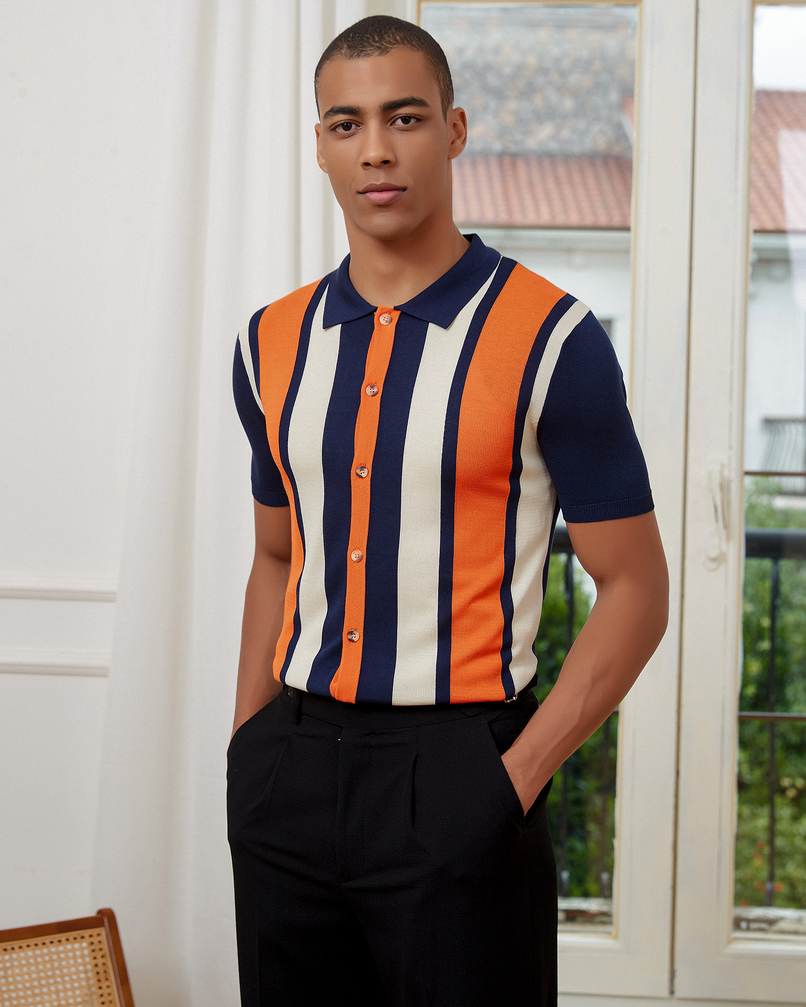 【BAON】[unisex] Mipyu Stripe Collar Knit Short Sleeve Shirt Amazon.com: Men's Multicolor Vertical Stripes Button Down