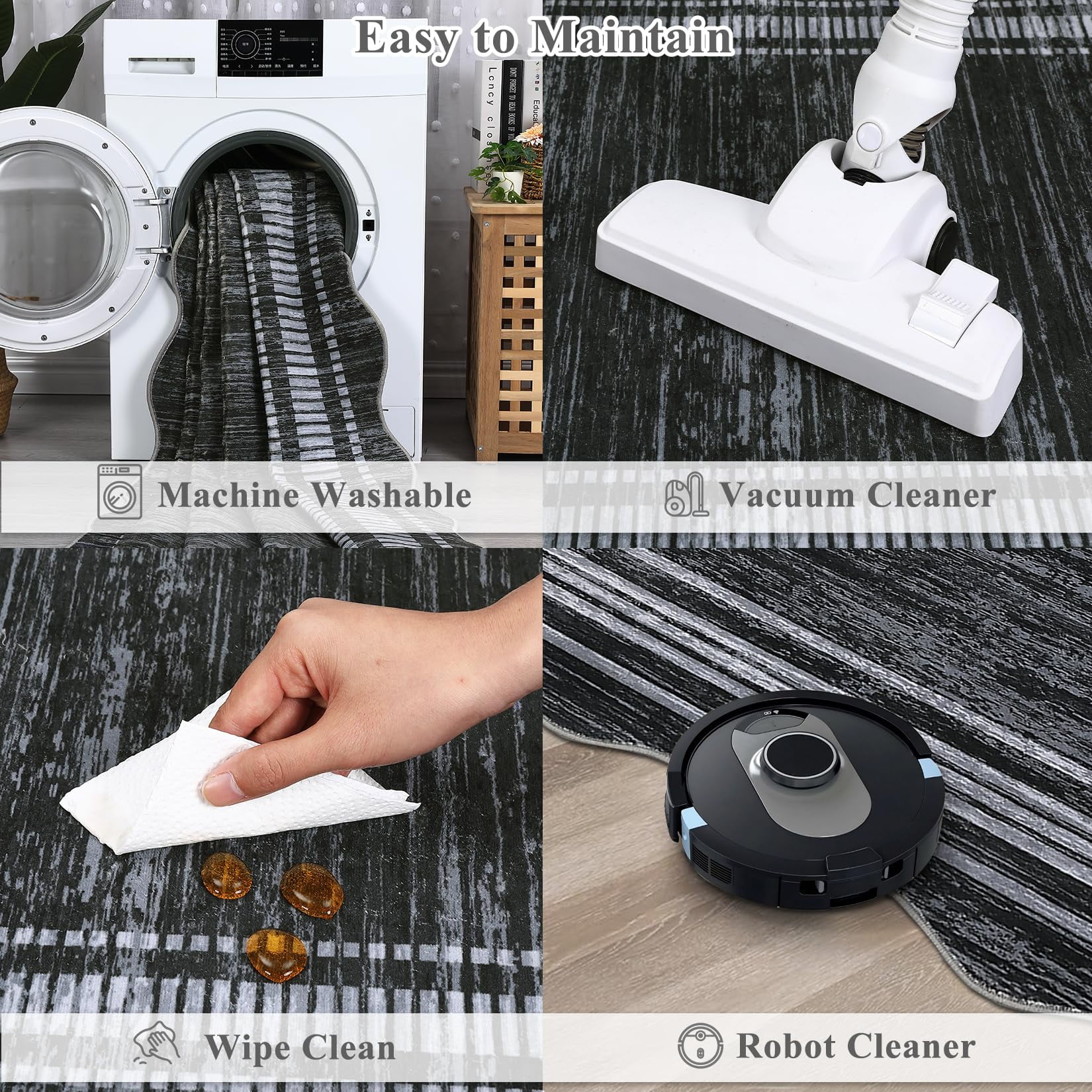 5x7 Washable Rugs Non Slip Scalloped Area Rug for Bedroom Soft Low Pile Solid Large Bedroom Throw Carpet Stain Resistant Classic Neutral Area Rug Boho Rugs for Kitchen Nursery, Black