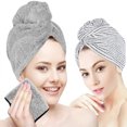 thumbnail image 3 of Paquete de 2 toallas para el cabello, toallas suaves para secar el cabello con botón, turbante para el cabello de secado rápido, 3 of 5