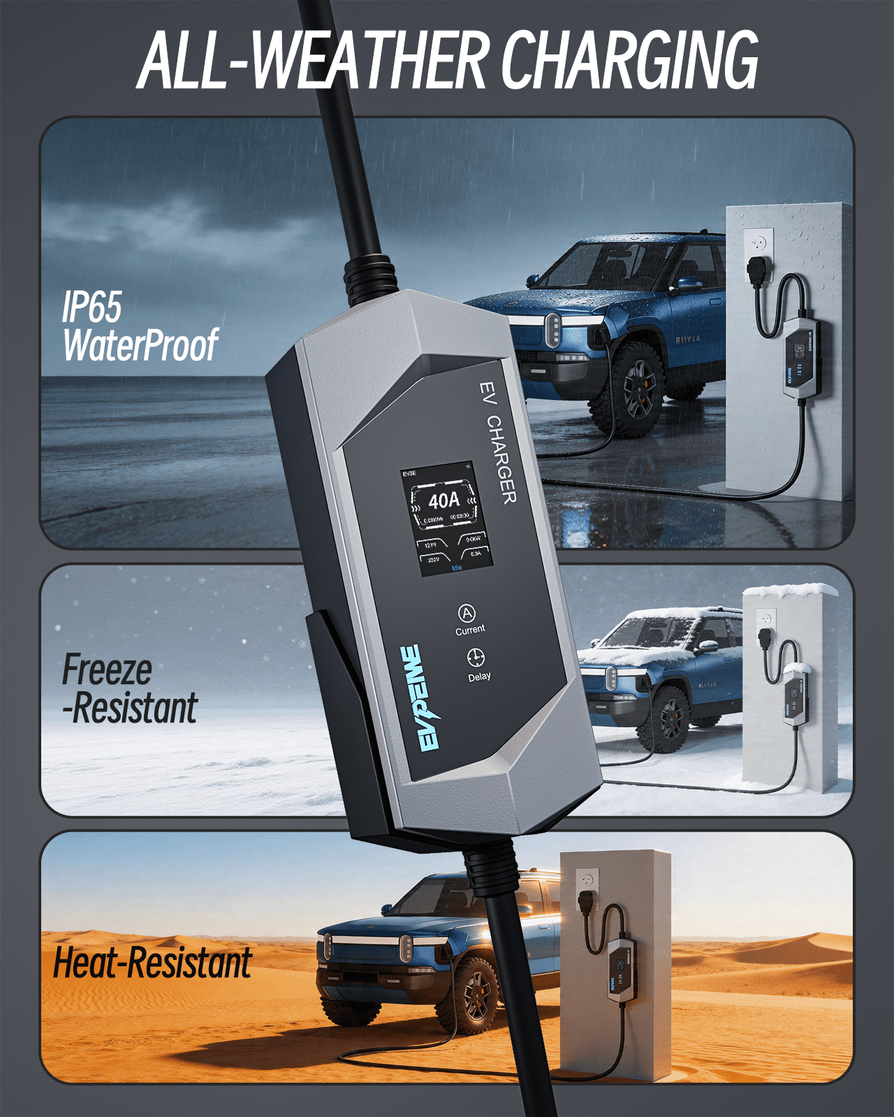 EVPEIWE Level 1/2 J1772 EV Charger 40A 25ft, 110-240V Portable EV Charger with NEMA 14-50/NEMA 5-15 Plug