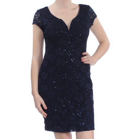 CONNECTED Womens Navy Sequin Embellished Lace Short Sleeve V Neck Above The Knee Sheath Cocktail Dress Petites  Size: