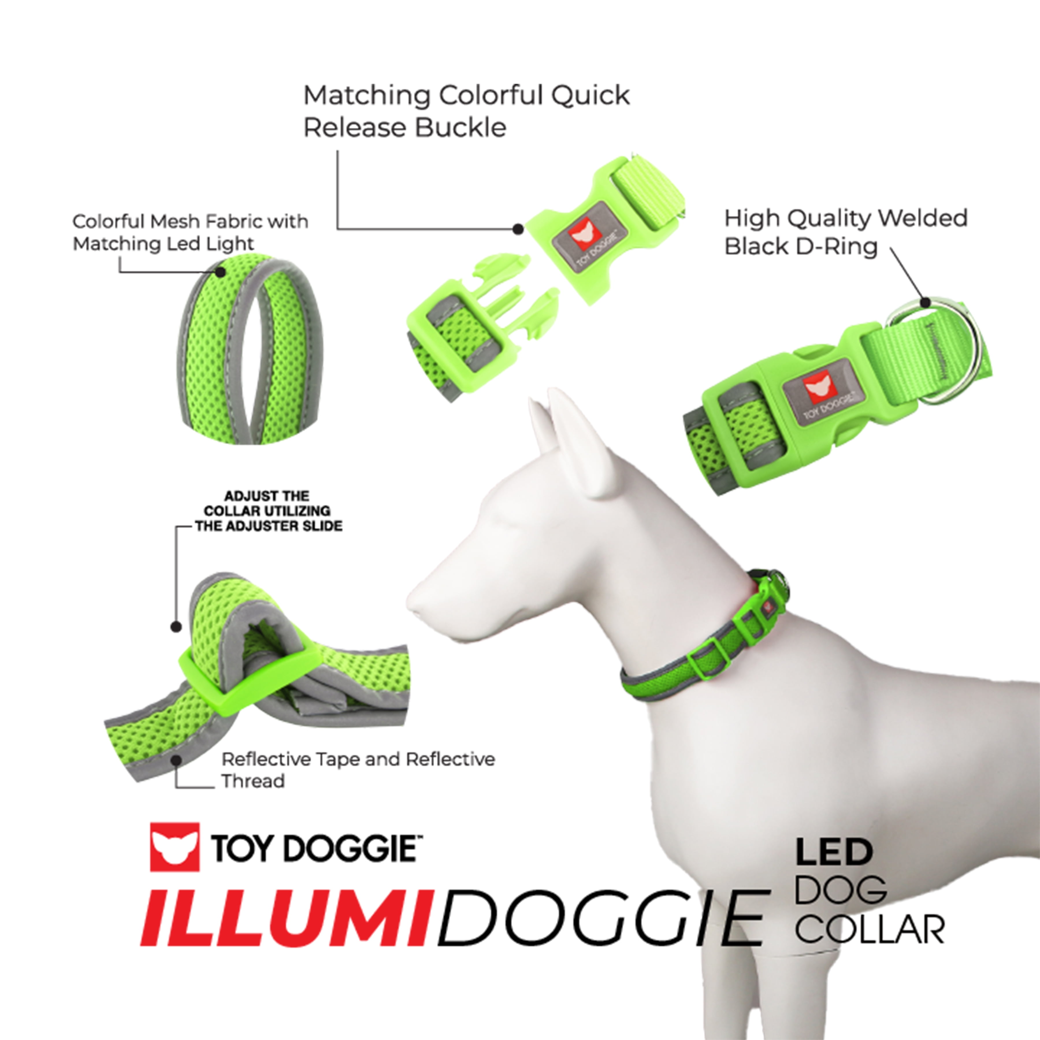Illumidoggie LED Dog Collar L - Safety Green for Large Dogs from Toy Doggie Brand