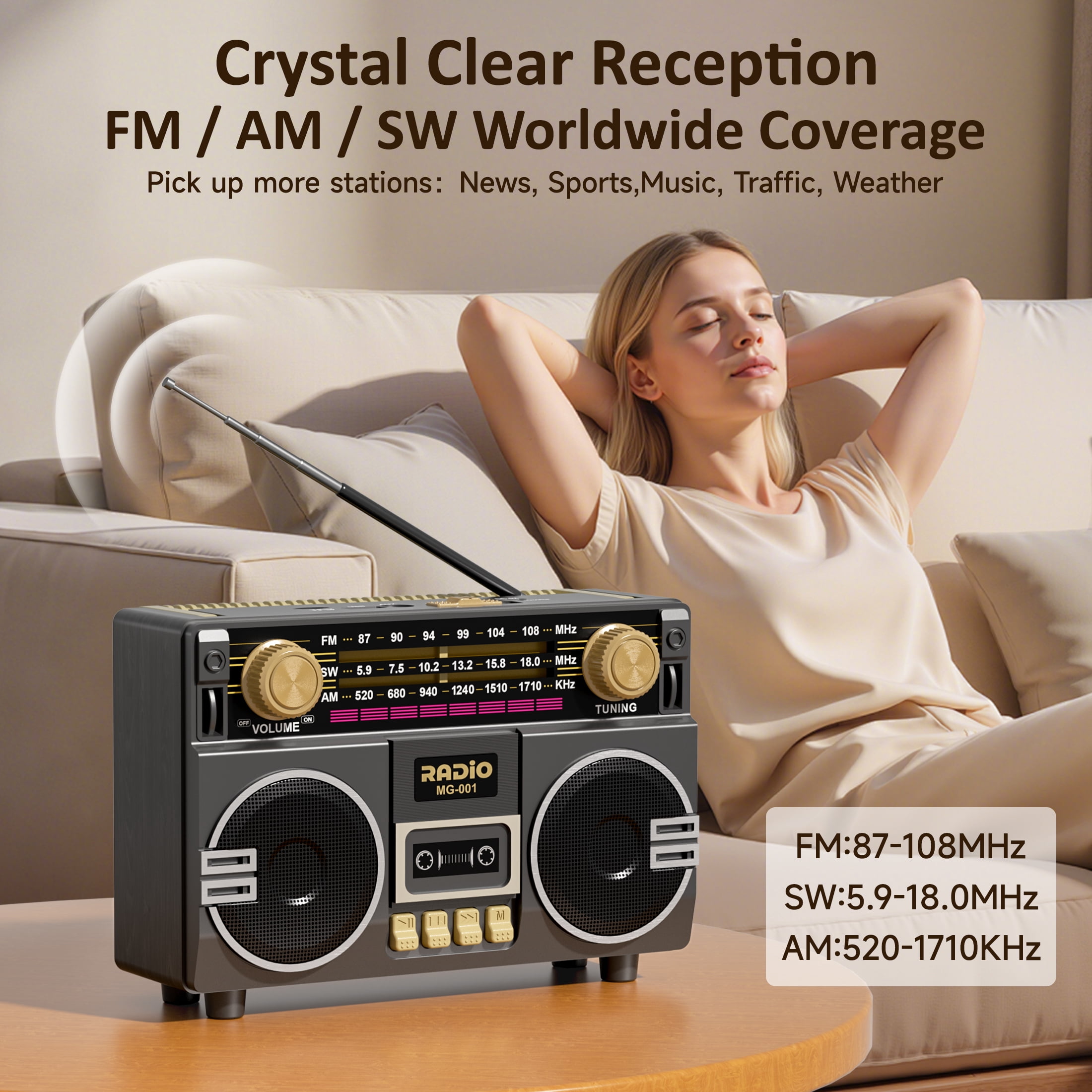 UMUTOO MG001 Retro Vintage AM/FM/SW Radio Bluetooth Speaker with Large Knobs, Dual Speakers, Rechargeable, Portable for Home, Outdoor, Gifts, Elderly, Father's Day