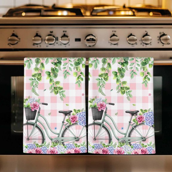 Spring Kitchen Towels Set of 3, Bicycles Leaves Butterfly Flowers Pink Buffalo Plaid Absorbent Dish Towels for Kitchen, Microfiber Hand Towel, Quick Drying Tea Towel for Cleaning Dishcloths