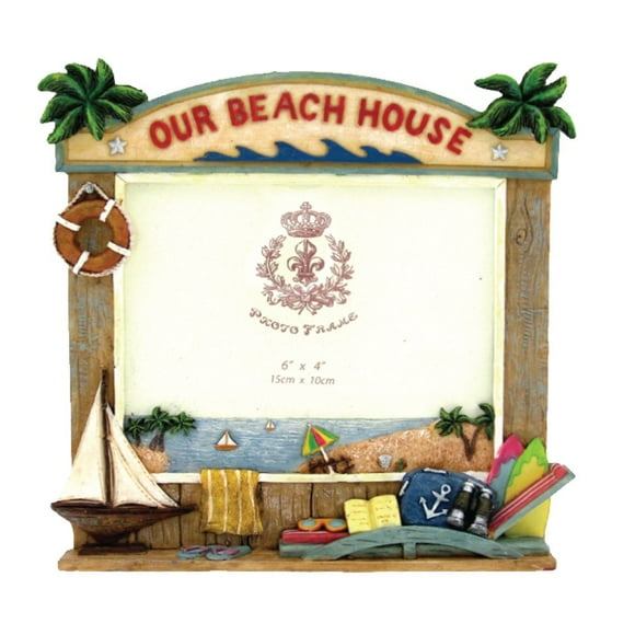 Cadre Photo Maison de Plage Thème Nautique Boho avec Palmier, Planche de Surf & Lunettes Espion pour Photos 4 Pouces x 6 Pouces (Maison de Plage 2)
