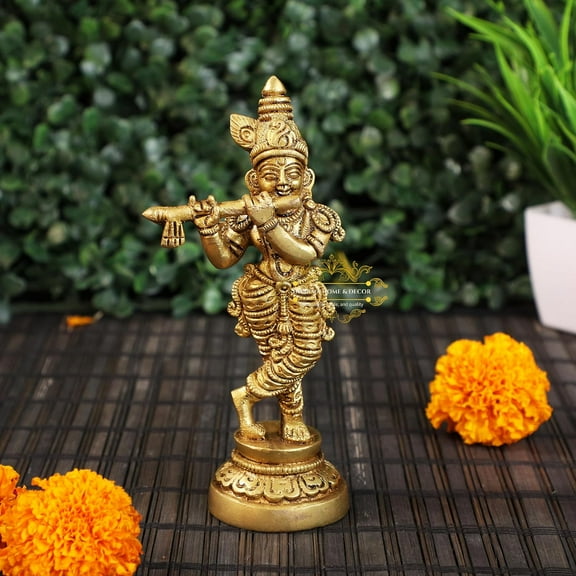 Brass Krishna Idol Statue Playing Flute for Puja Mandir Krishna Murti Sculpture Gift & Home Decor