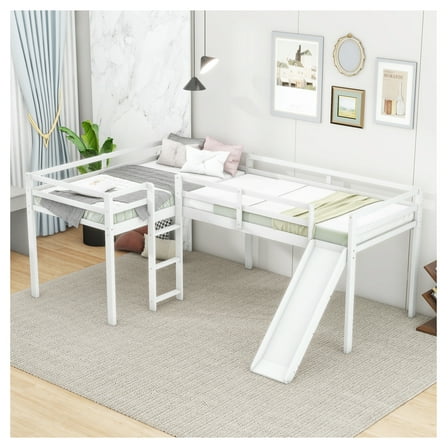 L-Shaped Twin Loft Bed with Ladder & Slide, White