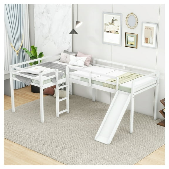 L-Shaped Twin Loft Bed with Ladder & Slide, White