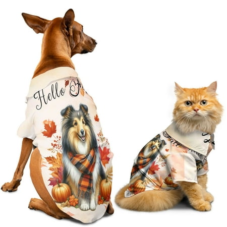 Hello Fall Shetland Sheepdog Scarf Welcome Autumn with Leaves Pumpkins Hawaiian Summer Shirt for Small Medium Large Dog Cat Sheltie Dog Lover Gifts - 00011