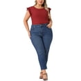 thumbnail image 2 of Agnes Orinda Women's Plus Size Bodysuit Stretchy Crew Neck Ruffle Short Sleeve Slim Fit Casual Basic Tops 1X Red, 2 of 5