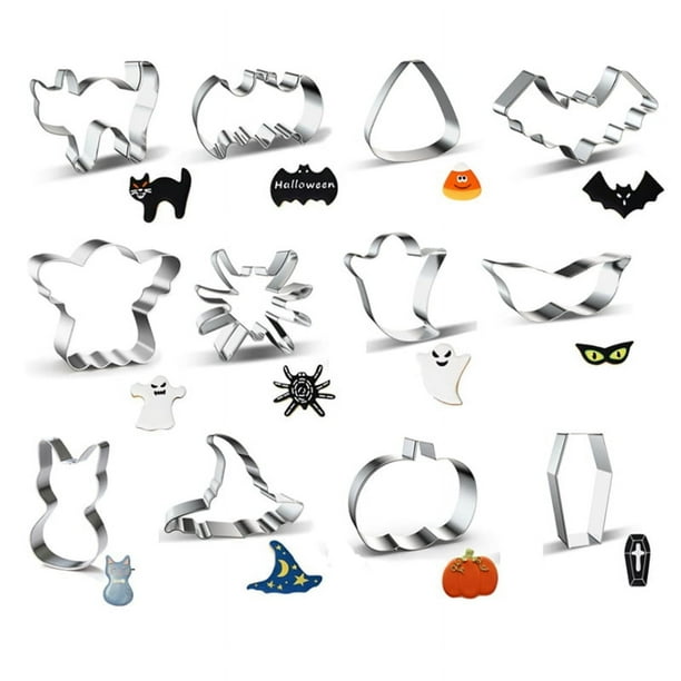 12 Piezas Cortadores de Galletas Halloween, Juego Cortadores de Galletas de Acero Inoxidable con Forma de Molde, Cortador de Galletas, Sello para Cortador de Galletas de Halloween
