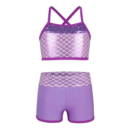 DPOIS Kids Girls 2 Piece Mermaid Scales Ballet Dance Sports Bra Crop Top with Shorts Lavender 8