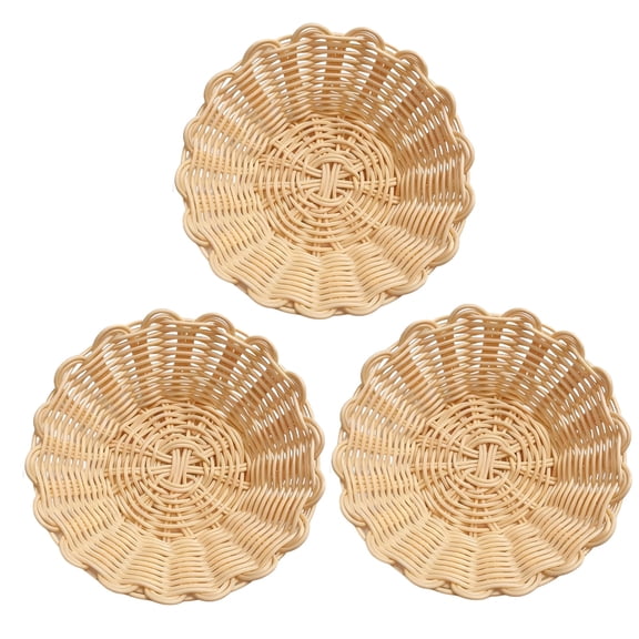 3 Pcs Small Plastic Round Baskets,Imitation Rattan Woven Look,Lightweight & Washable,Stackable Food Storage Serving Containers for Bread, Fruit, Snacks,Decorative Home Organization for Kitchen or Pan