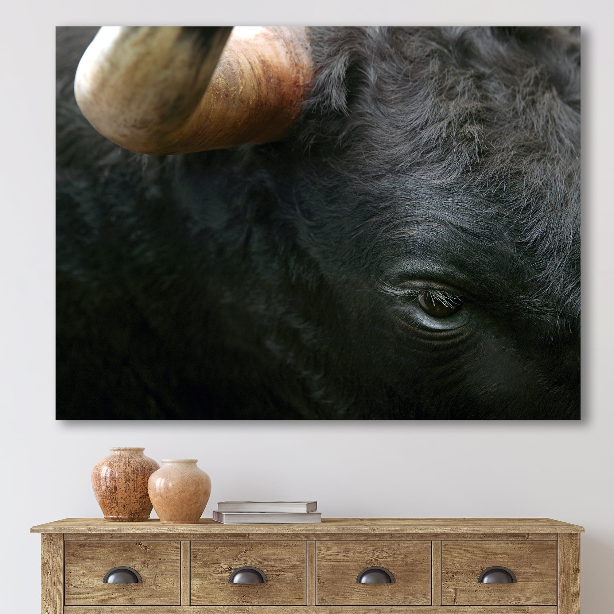 Designart ' Close-Up Of Eye Fighting Bull Head ' Farmhouse Canvas Wall Art Print