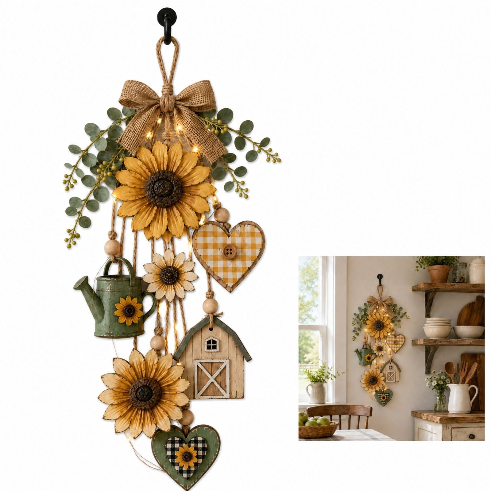 Rustic Farmhouse Sunflower Wooden Wall Hanging Decor With Remote Fairy Lights Country Garden Wooden Door Hanger Farm Style Wall Art Ornament For Front Door Home Porch Decoration