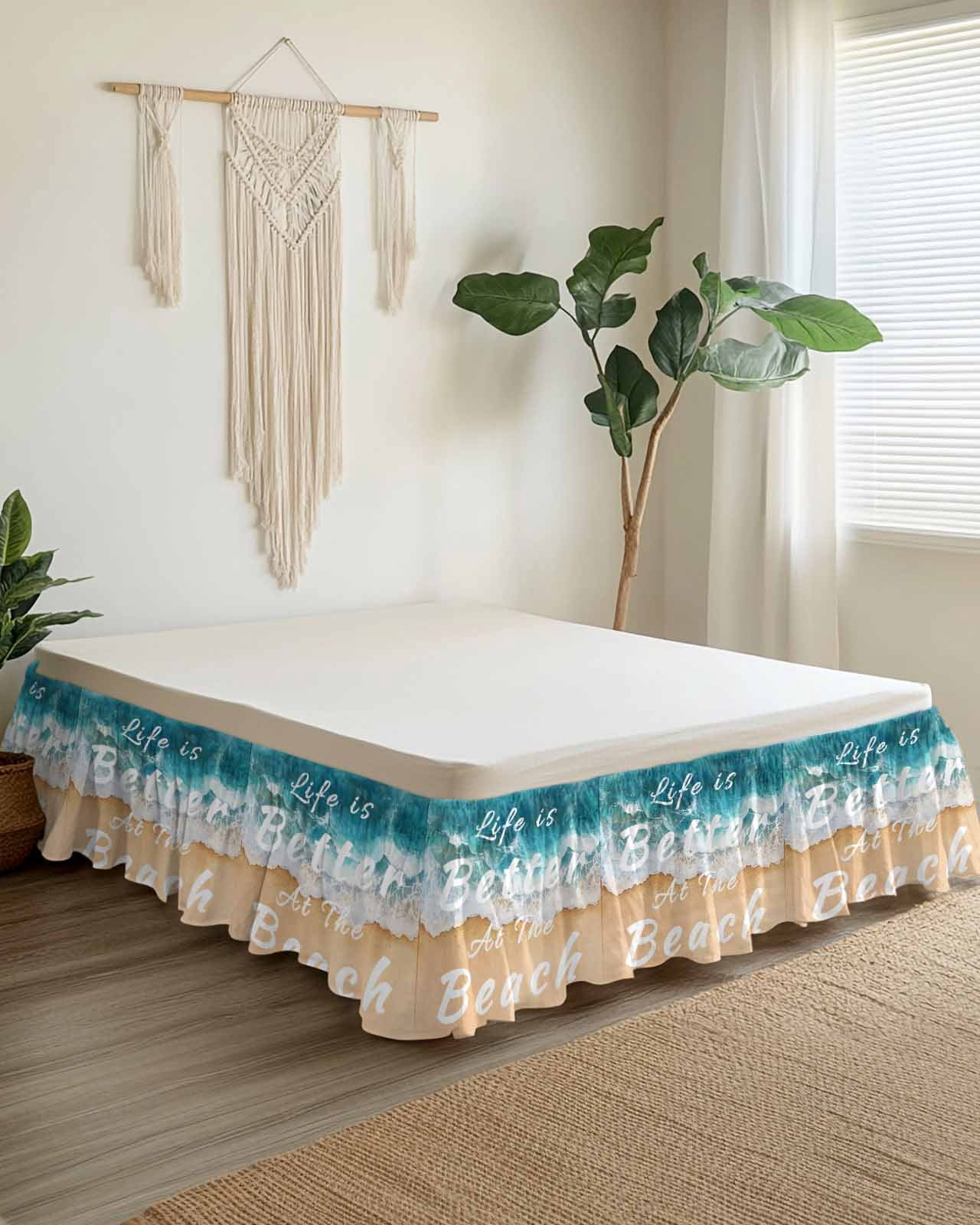 Summer Beach Blue Wrap Around Bed Skirts for Queen Bed 16" Drop, Bed Skirt with Adjustable Elastic Belt Dust Ruffle Bed Valance for Bedroom Hotel Luxury Life Is Better at The Beach Bed Frame Cover