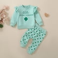 thumbnail image 2 of Staki Toddler Baby Girl St Patricks Day Outfit Ruffle Sleeve Letters Print Lucky Charm Sweatshirt Pants Headband 3Pcs Set St Patricks Day Outfits for Girls 3M,6M,12M(Green,6-12 Months), 2 of 9