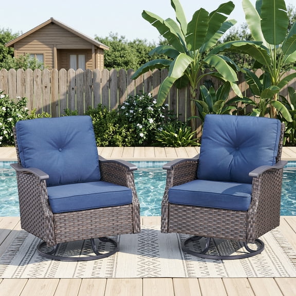 Opohoro Outdoor Swivel Chair Wicker Chairs Set of 2, Brown PE Rattan Patio Rockers with Steel Armrest and Blue Cushions for Porch or Backyard