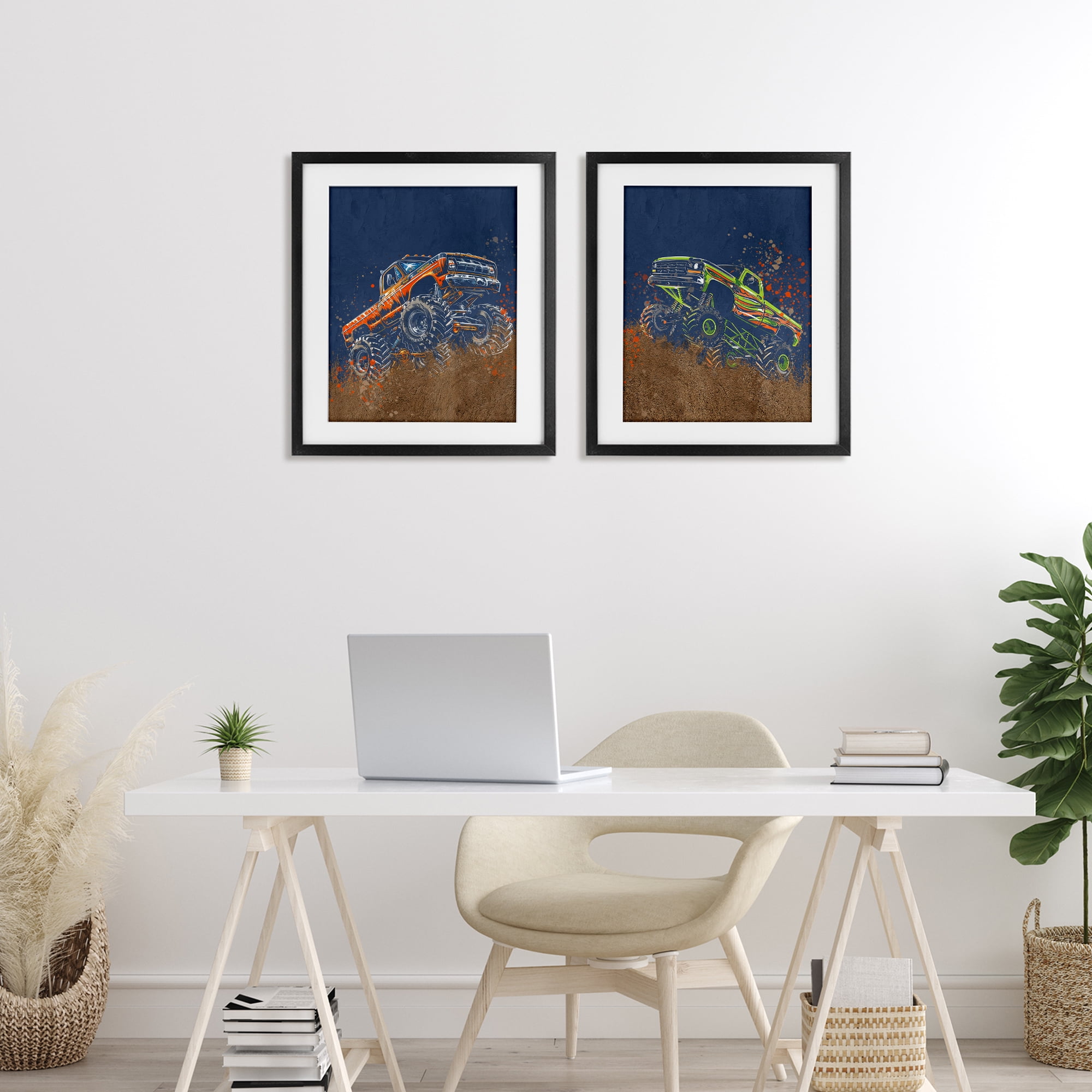 Monster Truck Jam 2 Piece Black Framed Print Under Glass Set, design by Kim Allen