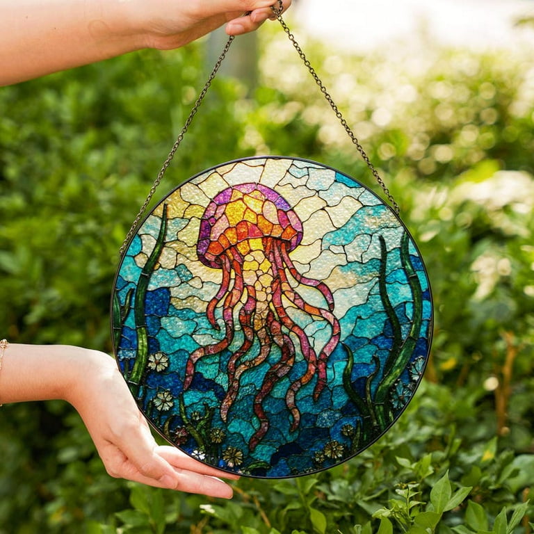 Vibrant Jellyfish Ocean Suncatcher Stained Glass Window Decor Gift