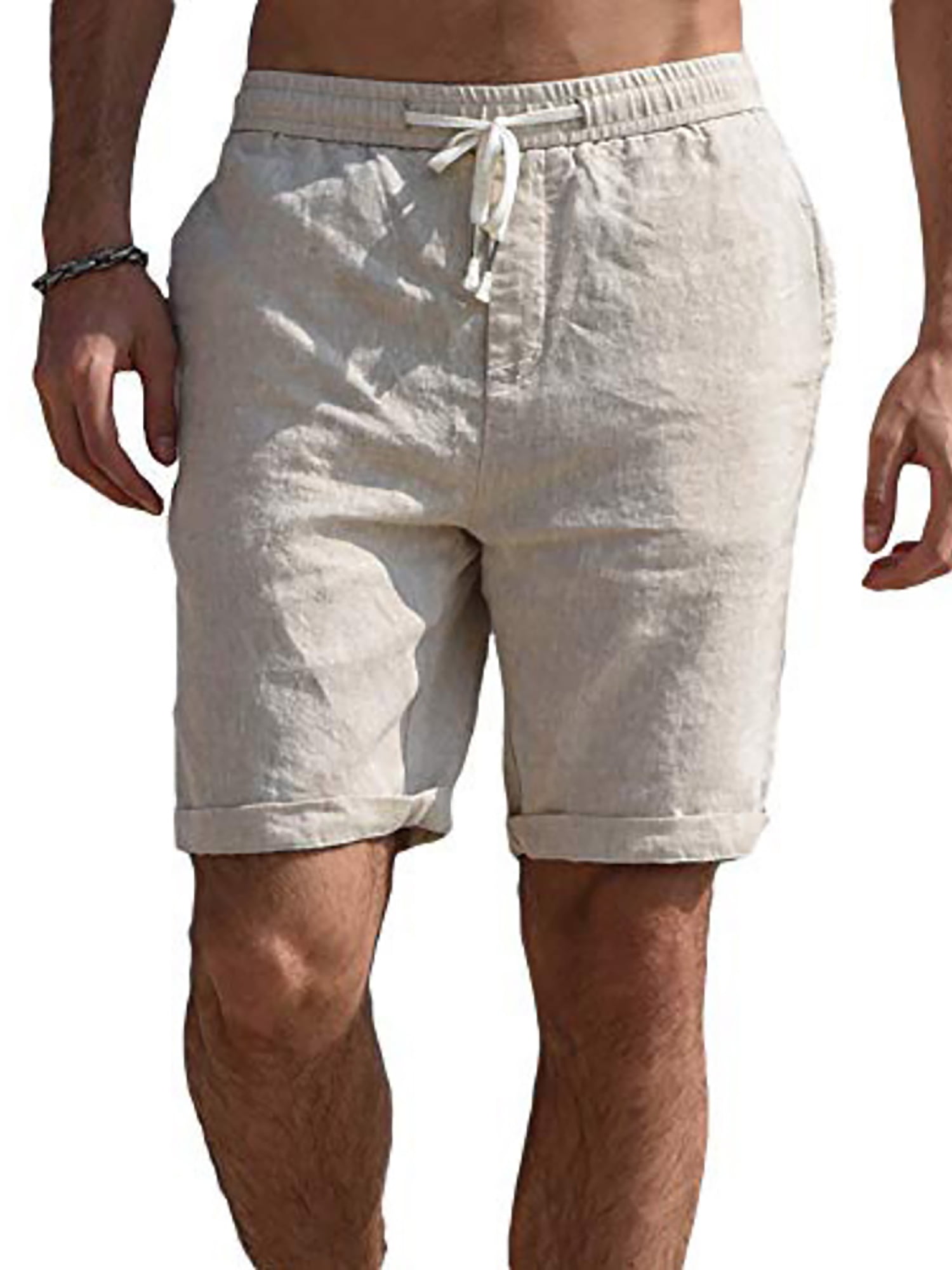 Men's Cotton Linen Shorts Elasticated Waist Drawstring Summer Casual Half Pants
