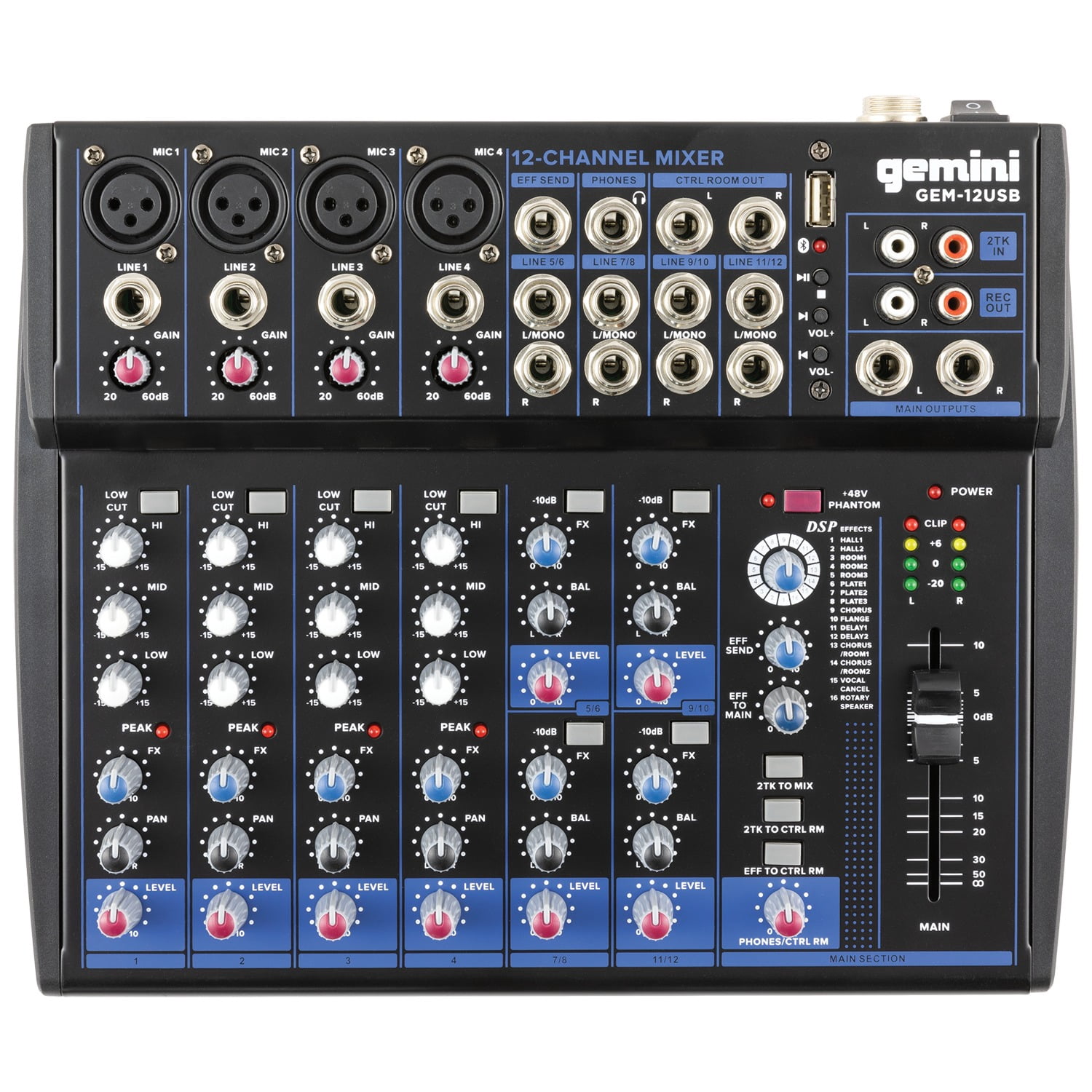 Gemini GEM-12USB Compact 12-Channel Bluetooth Mixer & DJX-500 Over-Ear Professional DJ Headphones, Black and Silver & GMU-M100 UHF Single Wireless Microphone System, 843631170922