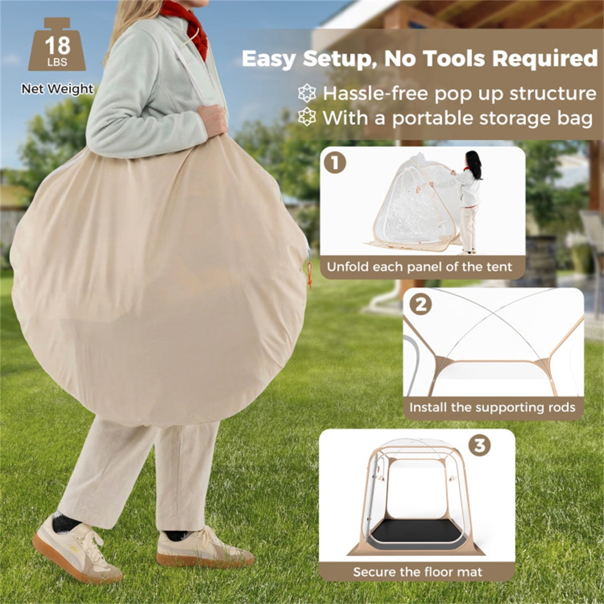 7×7 FT Clear Pop Up Sports Tent Waterproof Windproof PVC Outdoor Pod for 2 4 People Transparent Weather Shelter with Pop Up Frame Ventilated Windows & Carry Bag for Camping Sports Events Backyard