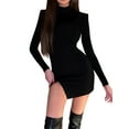 thumbnail image 4 of Seyurigaoka Ladies Sexy Autumn Bodycon Dress, Solid Color High Collar Long Sleeve Split Hip Skirt, 4 of 9