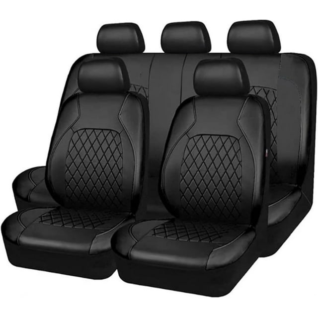 fundas de asiento de automovil cubre asiento para auto piel protector de asientos para auto suv coche camión furgoneta, negro Juego completo en cuero PU negro con paneles acolchados en rombo; vista frontal centrada con dos fundas delanteras, respaldo trasero completo y cinco fundas para reposacabezas, incluye tiras elásticas y 25 ganchos de hierro, funda del asiento delantero 118 x 56 cm, apto para autos, SUV y camionetas, fácil de instalar y limpiar.