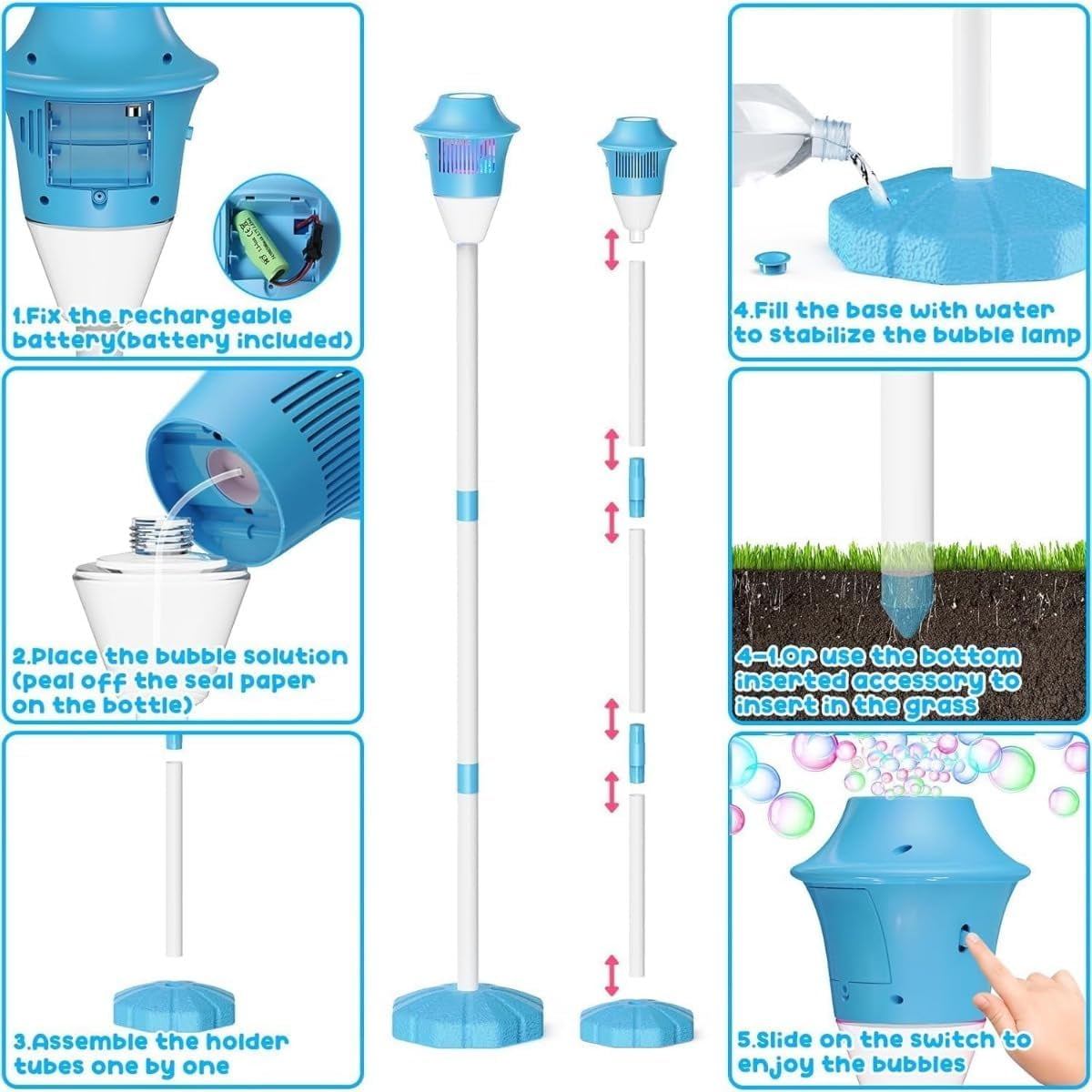 47in Bubble Torch Garden Lamp, Automatic Bubble Maker Stand Machine Rechargeable, with Night Light and Music, for Wedding Birthday Picnic Camping Party