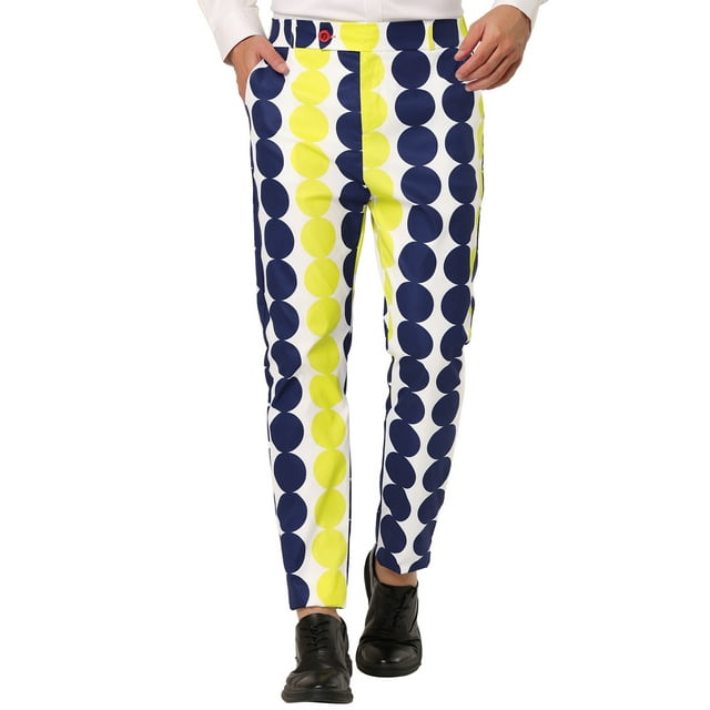 INSPIRE CHIC Men's Casual Geometric Printed Color Block Flat Front Dress Pants 38 Black Yellow