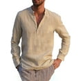thumbnail image 1 of Innerwin Shirts Button Down Mens Tops Holiday Henley Neck Plain Blouse Khaki S, 1 of 2