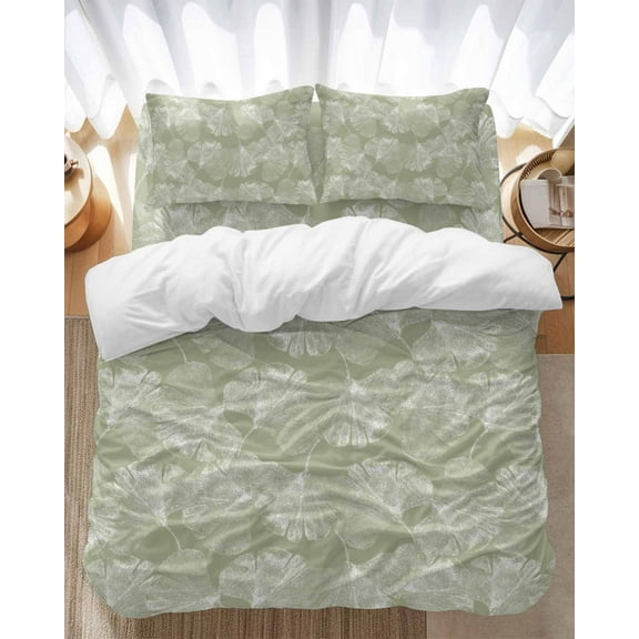 Translucent Ginkgo Leaves Bedding Duvet Cover Set Queen Size 4 Pieces Realistic Plant Green Background Bedding Set with Zipper Closure, 1 Comforter Cover 90x92 Inches 1 Flat Sheet & 2 Pillow Cases
