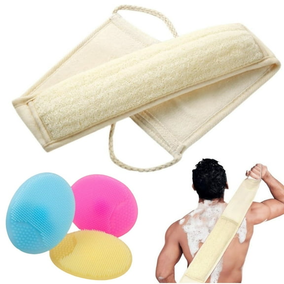 Loofah Exfoliating Back Scrubber,1 Pcs Loofah Body Sponge Scrubber,3 Pcs Silicone Face Scrubber,Face Exfoliator Brush for Deep Cleaning Skin Care,Bath Shower Scrubber for Men and Women