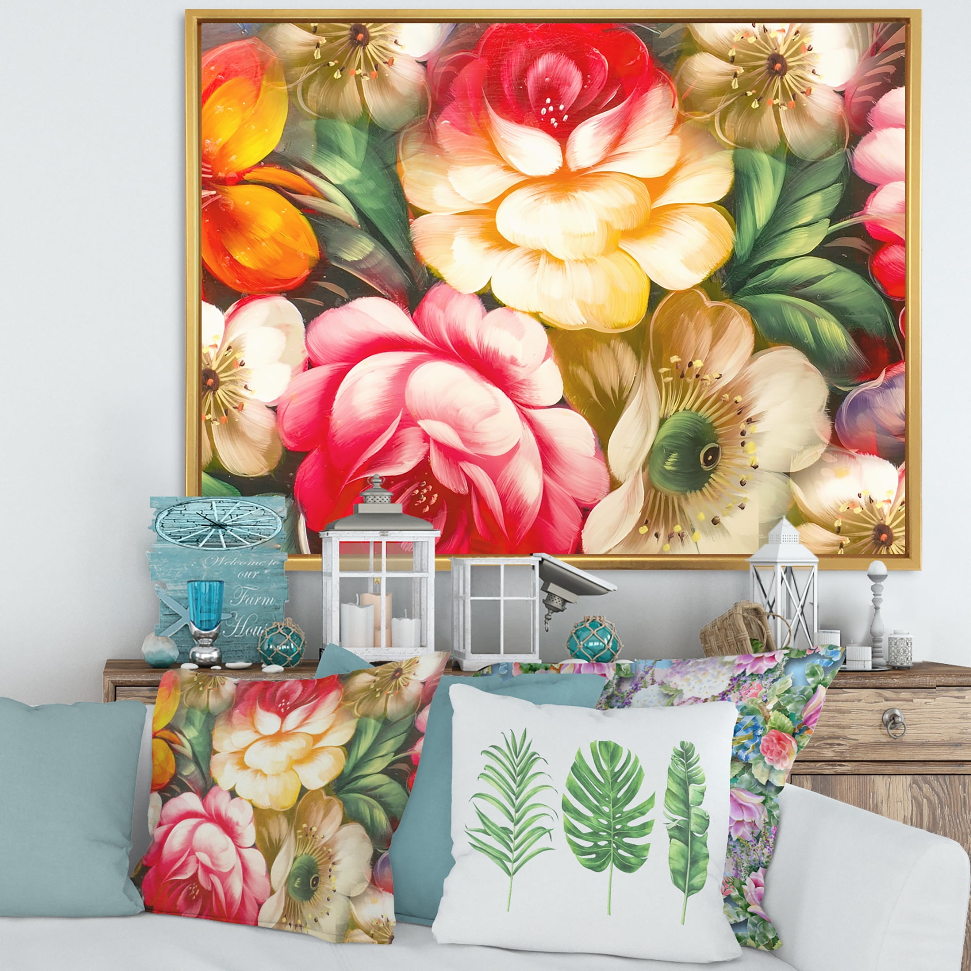 Designart 'Red and Yellow VIntage Flowers' Traditional Framed Canvas Wall Art Print