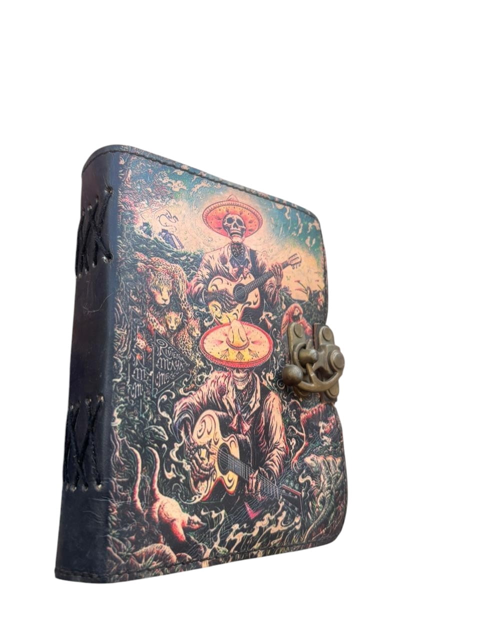 Handmade Leather Skull Guitar Journal with Lock – Vintage Deckle Edge Paper Notebook (5x7 Inch, 200 Pages) – Mexican Art Diary, Gothic Sketchbook