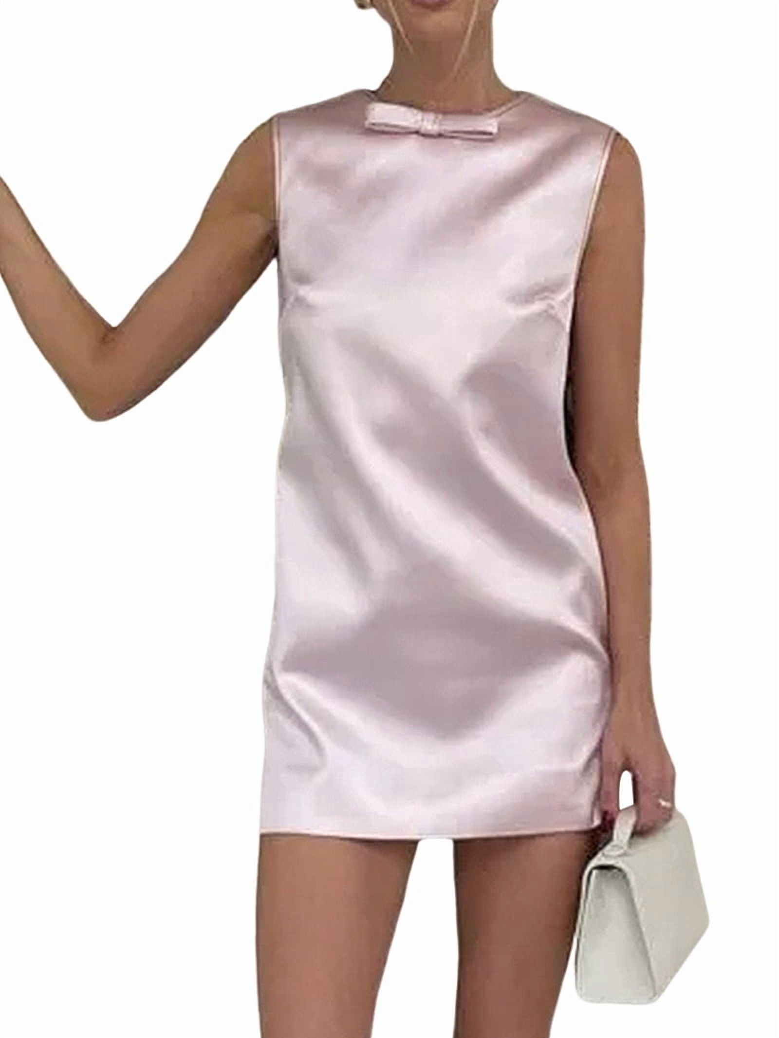 Women'S Satin Backless Round Neck Sleeveless Party Mini Dress Pink S