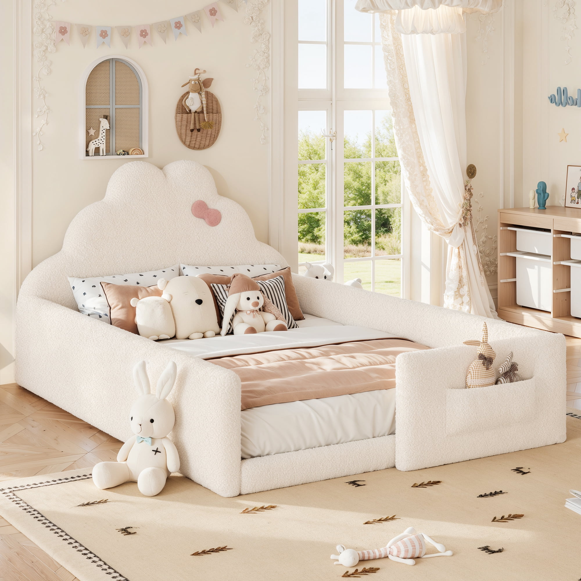 HOQBN Full Size Upholstered Floor Bed Frame, Soft Padded Upholstered Kids Bed, Safe Children Bed Frame with Side Storage Pocket for Bedroom Beige