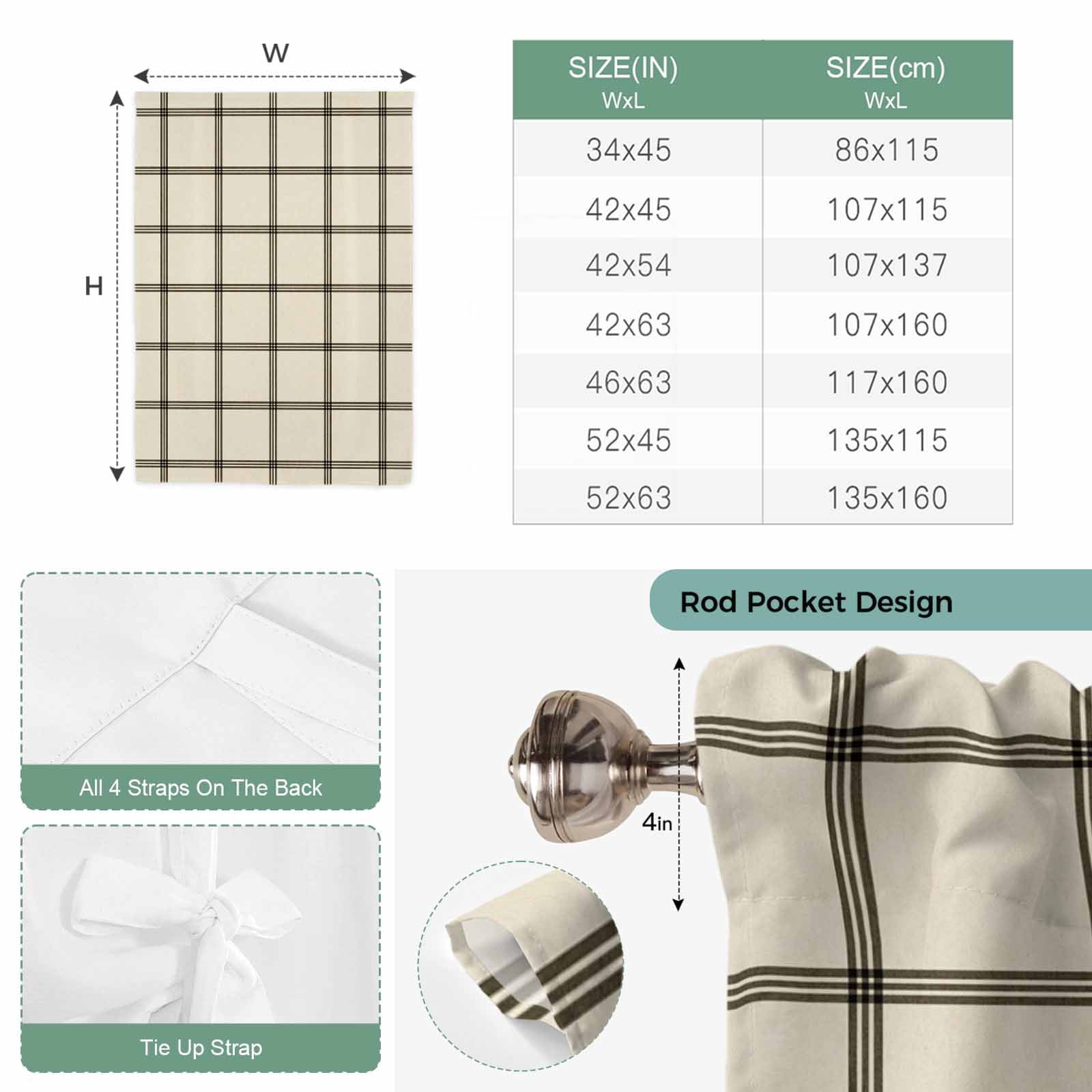 Linen Buffalo Check Tie Up Curtains 45 Inches Long, Kitchen Window Curtains Over Sink, Retro Black Lines Grid Pattern Small Window Curtains Shade Balloon Curtains Valances for Bedroom/Cafe 34"x45"