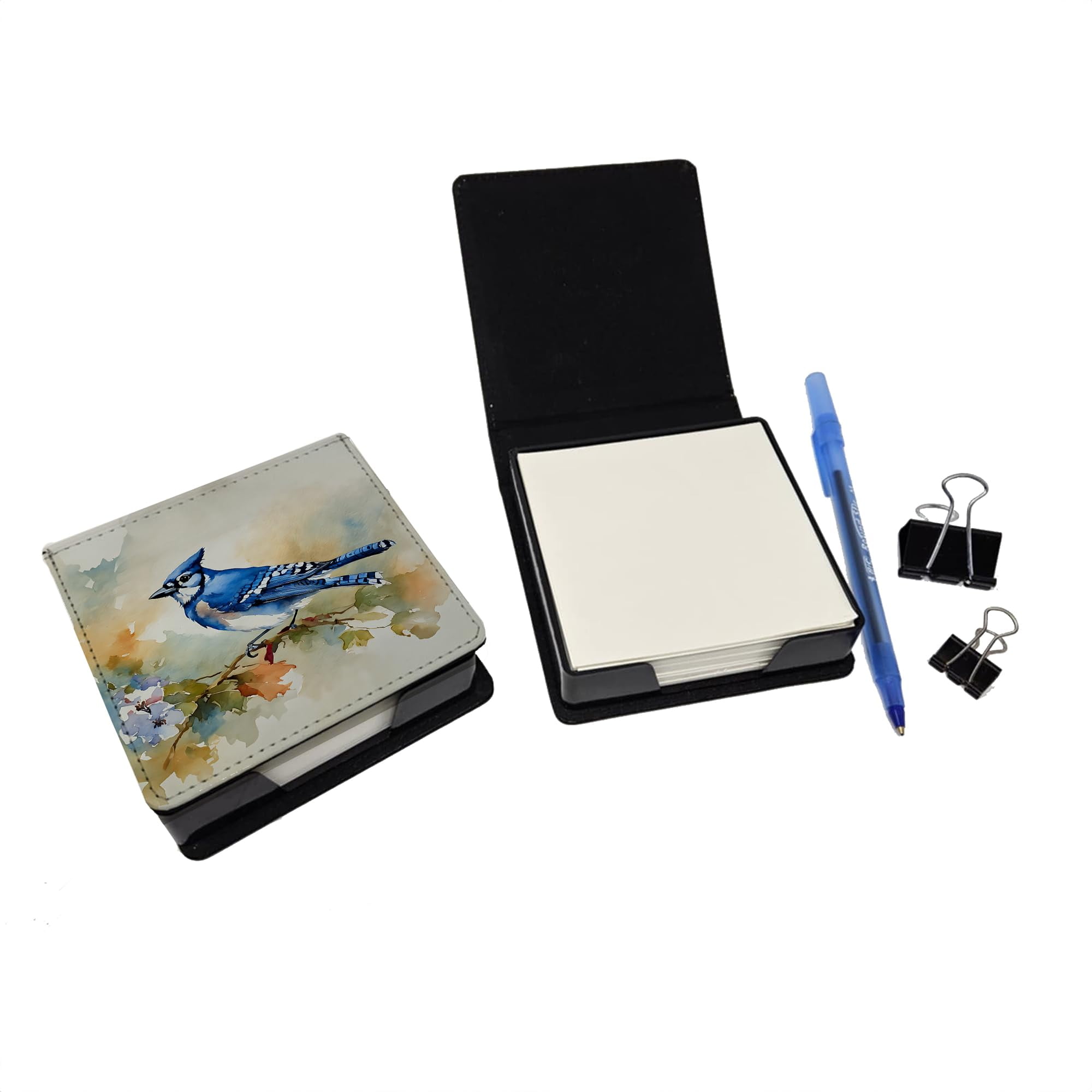 Caroline's Treasures Blue Jay PU Leather Note Paper Holder with Artist-Designed Cover, Desk Accessory, Office Gift